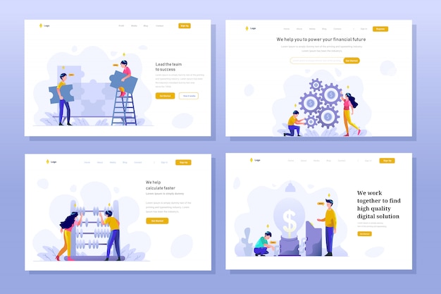 Landing page business und finanzen illustration flat gradient design-stil, puzzle, problemlösung, teamwork, geldmanagement-einstellung, abakus, berechnung, idee