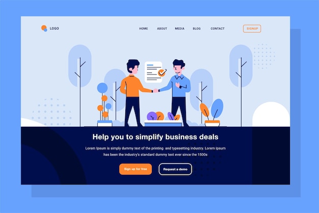 Landing Page Business- und Finanzmann, der Vertragsvereinbarungs-Arbeitsvertrag-Handshake für die Einreichung eines flachen Umriss-Designstils für die Beschäftigung macht