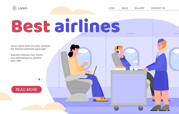Landing Page der besten Fluggesellschaften für flache Cartoon-Vektorillustration der Website