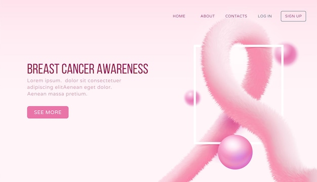 Landing page für brustkrebsbewusstsein mit symbol in form von realistischen rosa flauschigen lametta und perle gemacht.