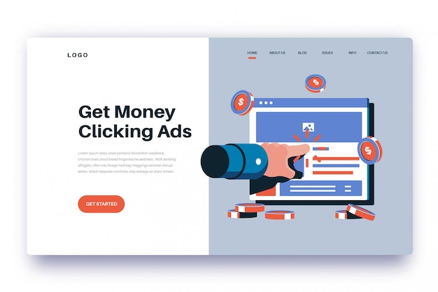 Vektor landing page get money clicking ads