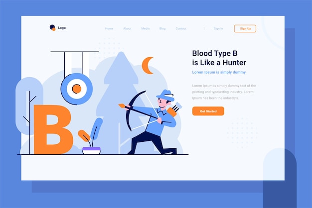 Landing page health medizinische blutgruppe b hunter bogenschütze flacher und umrissener designstil