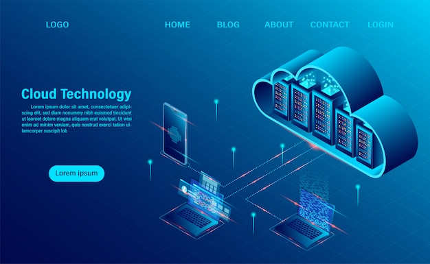 Landing Page mit Cloud-Computing-Konzept. Online-Computertechnologie. Großes Datenfluss-Verarbeitungskonzept, Server 3d und Datencenter. isometrische flache Bauform