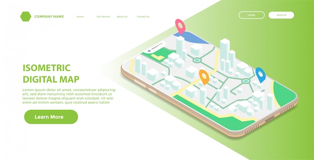 Vektor landing page oder web template mit isometrischer darstellung der mobilen digitalen karte