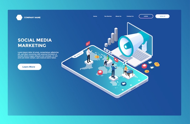 Vektor landing page oder web template mit social media marketing thema