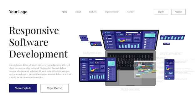 Landing page responsive internet-website für mehrere plattformen isometrische illustration. aufbau einer mobilen schnittstelle auf dem bildschirm von laptop, tablet, smartphone.