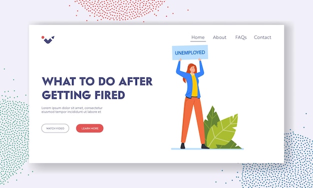 Landing Page Template für Arbeitslosigkeit Arbeitslose weibliche Figur mit Banner auf Jobsuche Verzweifelte arbeitslose Geschäftsfrau nach Coronavirus-Pandemie Cartoon People Vector Illustration