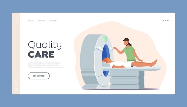 Landing page template für das medizinische gesundheitswesen patientin, die auf mrt-scan-gerät magnetresonanztomographie liegt