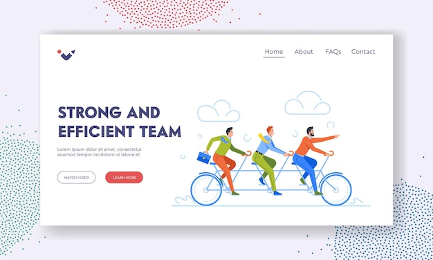 Landing page template für ein starkes und effizientes team geschäftsleute, die auf einem dreipersonen-tandemfahrrad fahren