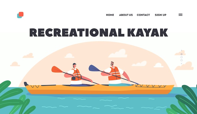 Landing Page Template für Freizeitkajaks Kajak- oder Raftingreisen Mann und Frau in Schwimmweste Rudern in Kajaks