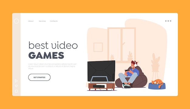 Landing page template für kleine jungen, die videospiele spielen. fröhliche kinderfigur im headset, die vor dem fernseher sitzt, mit joystick in den händen, gaming, sucht nach virtueller realität. cartoon-vektor-illustration