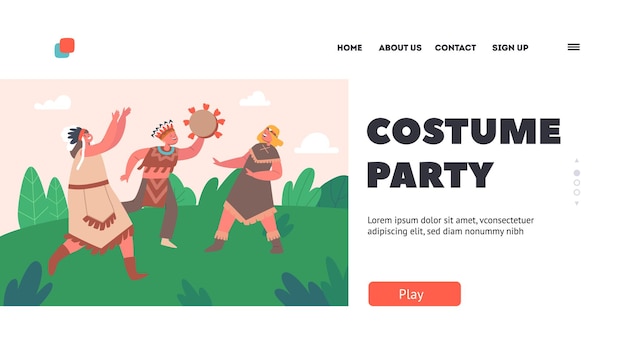 Landing Page Template für Kostümpartys Kinder, die Indianer auf dem Sommerfeld spielen, niedliche Charaktere für Jungen oder Mädchen, die Spaß machen