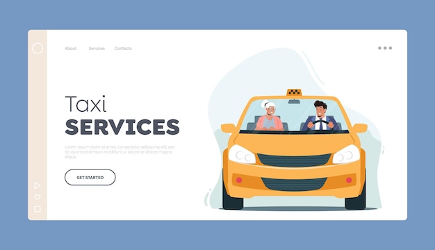 Landing page template für taxidienste alte dame, die einen autotaxifahrer benutzt, und eine ältere frau sitzen auf dem vordersitz des taxis