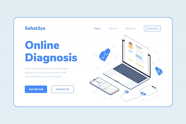 Landing page template online-diagnose gesundheit laptop smarthphone stethoskop isometrische illustration