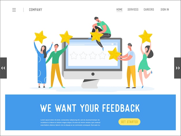 Landing page template review konzept illustration. frauen- und manncharaktere schreiben gutes feedback mit goldenen sternen. kundenpreis-services für website oder webseite. fünf sterne positive meinung.