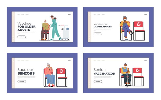 Landing Page Template Set für Impfstoffe für Erwachsene Alte Menschen warten auf die Impfung in der Klinik Ältere Charaktere wenden den Impfstoff an
