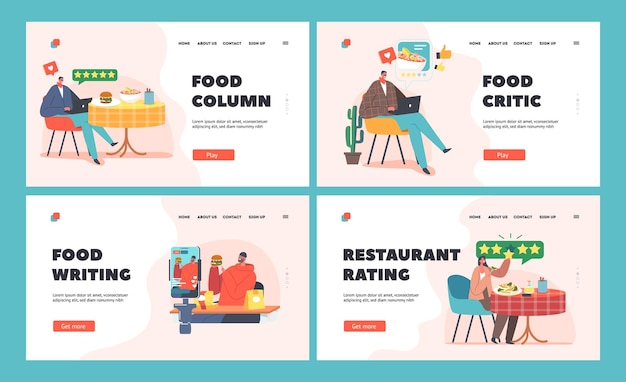 Landing page template set für lebensmittelkritiker. verkoster, der eine meinung zu lebensmitteln abgibt. professionelle autoren oder blogger, die eine bewertung abgeben