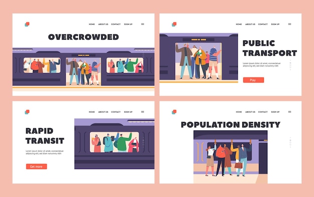 Landing page template set für öffentliche verkehrsmittel menschen an der u-bahn-tür passagiere, die griffe in der u-bahn halten