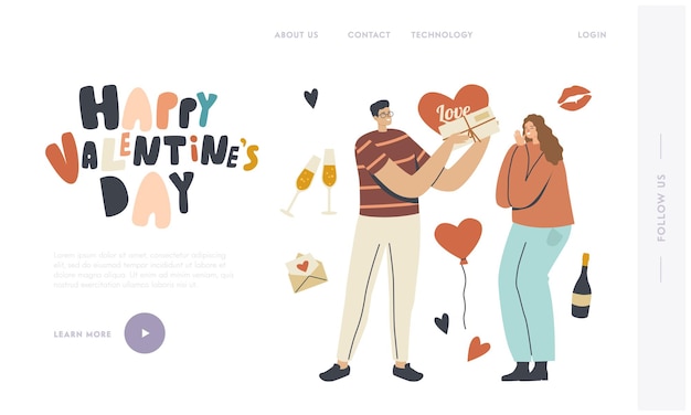 Landing-page-vorlage für die valentinstagsfeier. freund gibt freundin geschenk. mann charakter bereiten geschenk an frau für dating vor, mädchen aufgeregt mit überraschung. lineare leute-vektor-illustration