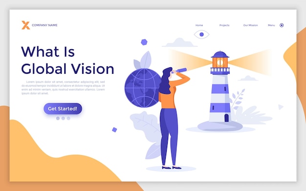 Landing-page-vorlage mit frau, die leuchtturm durch spektiv betrachtet konzept der globalen vision strategisches denken visionärer führer oder unternehmer flache vektorillustration für website