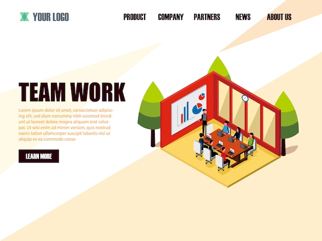 Landing page web template isometrische teamarbeit