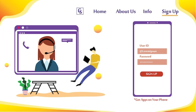 Landing page website kundenservice interaktiv, call center für online-shopping und business concept vector template design illustration