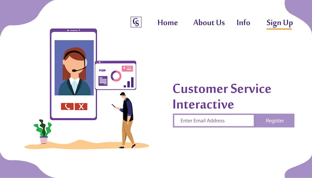 Landing page website kundenservice interaktiv, call center für online-shopping und business concept vector template design illustration