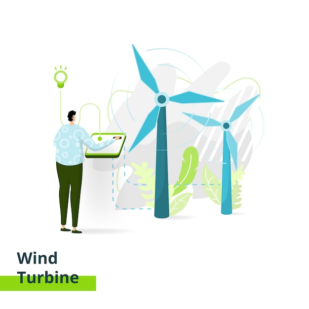 Landing page wind turbine, das konzept von männern, die windmühlen-energietechnologie herstellen