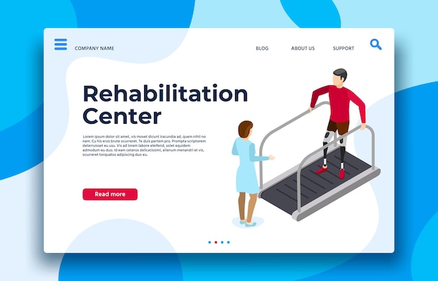 Landingpage des rehabilitationszentrums. vektorrehabilitations- und erholungspatient, physiotherapie medizinisch für gesundheitsillustration