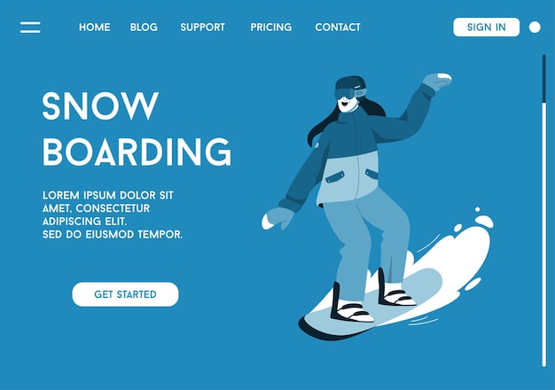 Landingpage des snowboarding-konzepts. lächelnde frau fährt snowboard bergab.