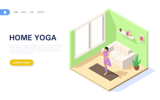 Landingpage für den yogakurs zu hause das mädchen steht in der vrikshasana-position.