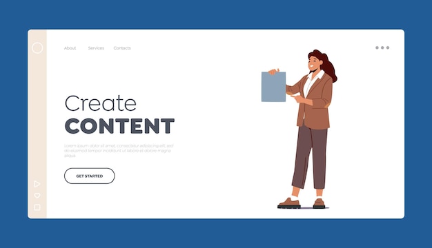Vektor landingpage-vorlage für inhalte erstellen lächelnde geschäftsfrau trägt einen formellen anzug