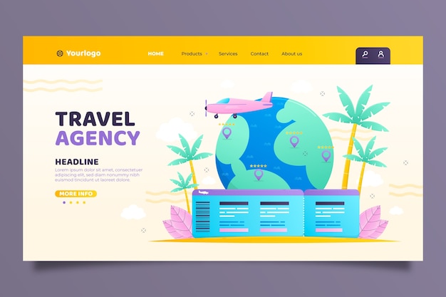 Vektor landingpage-vorlage mit farbverlauf für das reisebürogeschäft
