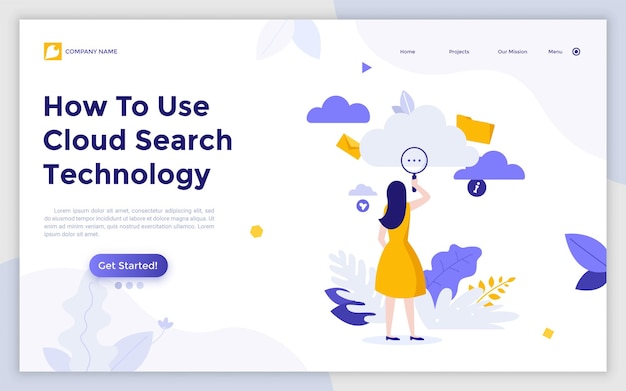 Landingpage-vorlage mit frau, die cloud durch lupe betrachtet konzept der online-suchtechnologie dateien oder digitale daten in der internetdatenbank finden moderne flache vektorillustration für webseite