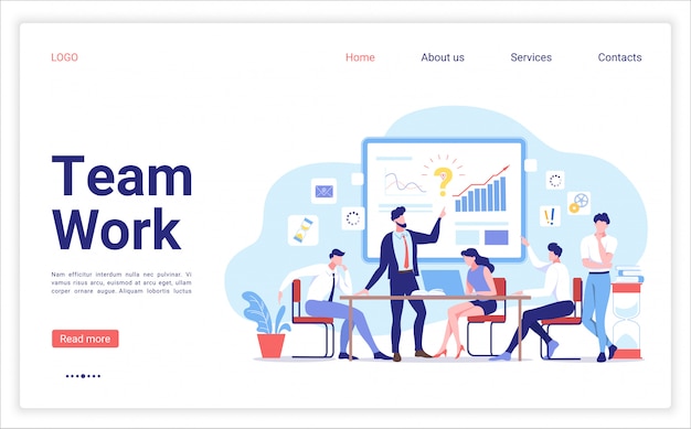 Landingpage-vorlage von teamwork design. menschen, die in einem team arbeiten und mit grafiken interagieren. diskussion der geschäftsstrategie des unternehmens. kreative teamillustration.