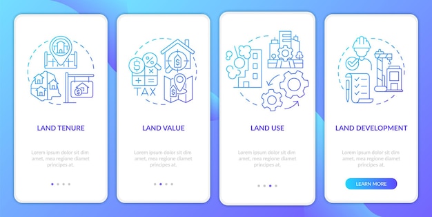 Landmanagementsystem blauer farbverlauf beim onboarding des mobilen app-bildschirms walkthrough 4 schritte grafische anleitungsseiten mit linearen konzepten ui ux gui-vorlage myriad probold regelmäßige schriftarten verwendet