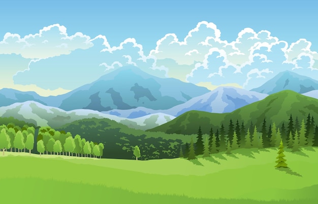 Landschaft berge grasland wiesen und blauer himmel mit wolken cartoon flaches panorama des frühlings-sommer-waldes schöne natur hintergrund vektor-illustration