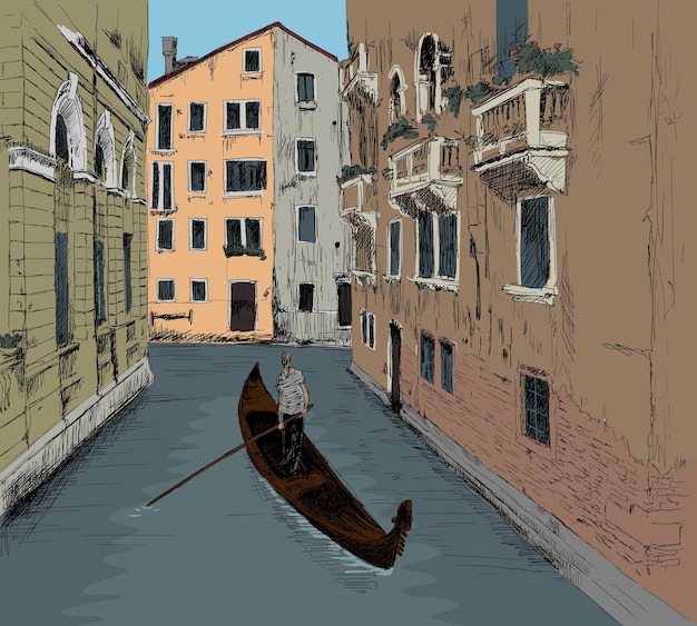 Landschaft der Altstadt von Venedig Landschaft mit Kanalaltbauten und einem Boot Bleistiftskizze