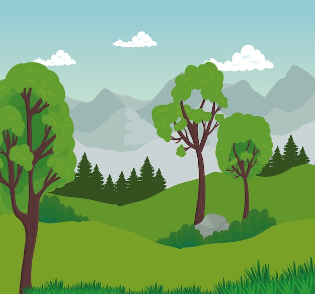 Landschaft der Bäume mit Stein vor Gebirgsdesign, Natur und im Freien