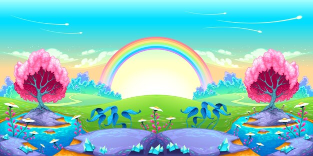 Landschaft der träume mit regenbogen vektor cartoon illustration