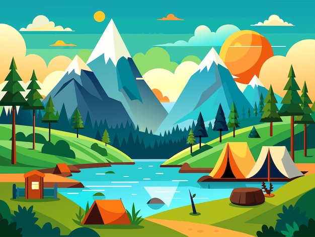 Landschaft des campinggebiets mit zelten und bergvektorillustration