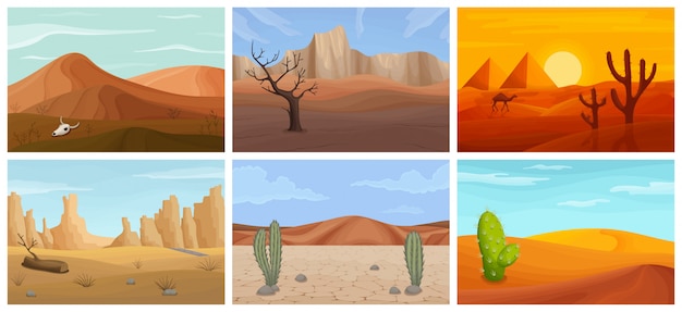 Landschaft des Wüstenkarikatursatzesymbols. Isolierte Karikatursatzikonen sahara. Illustrationslandschaft der Wüste auf weißem Hintergrund.