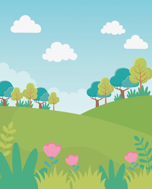 Landschaft Hügel Bäume Blumen Himmel Laub Natur Grün Bild