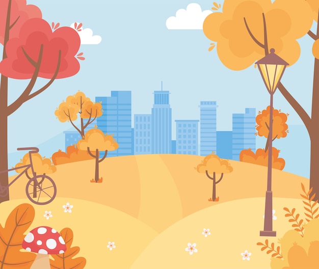 Landschaft in der herbstnaturszene, städtisches stadtbild hügel fahrradbaum laub