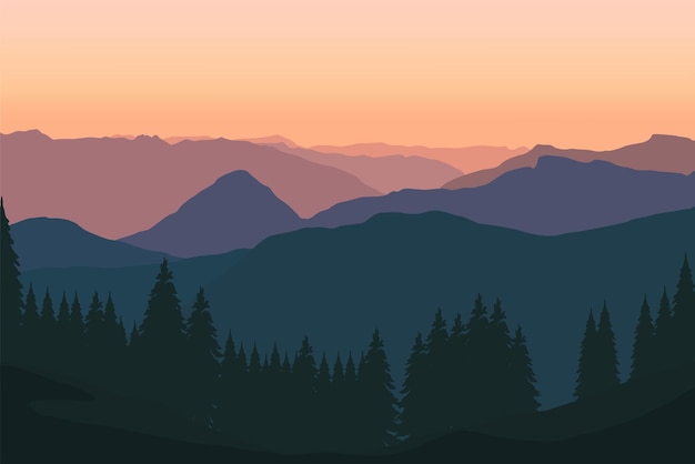 Landschaft mit bergen und kiefernwald vektorillustration im flachen stil