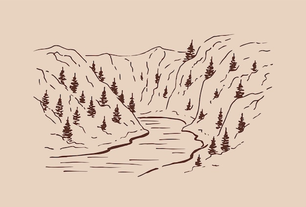 Landschaft mit bergen und wald handgezeichnete illustration in vektor umgewandelt