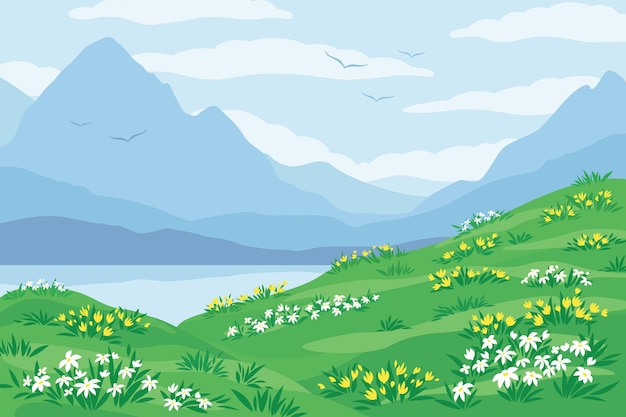 Landschaft mit blauen Silhouetten von Bergen Hügel mit blühenden Pflanzen Himmel mit Wolken und See