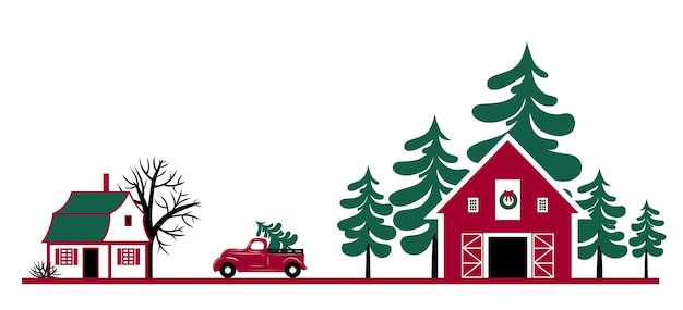 Vektor landschaft mit einem haus, einer weihnachtsbaumfarm und einem weihnachtslastwagen handgezeichnete vektorillustration