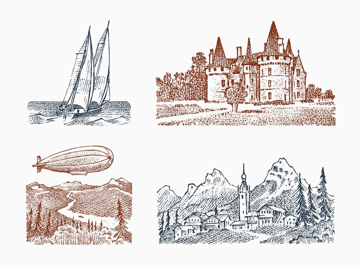 Vektor landschaft mit einem königlichen schloss auf der wiese, festung und lenkbarem zeppelinberg und segelboot. grafische monochrome landschaft. gravierte handgezeichnete alte skizze als hintergrund für plakatbanner