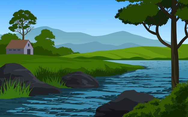 Landschaft mit Fluss und großen Felsen